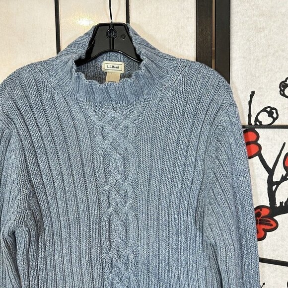 L.L. Bean Cable Knit Chunky Thick Fisherman Sweater Womens Size L Blue Mock Neck - Picture 2 of 5